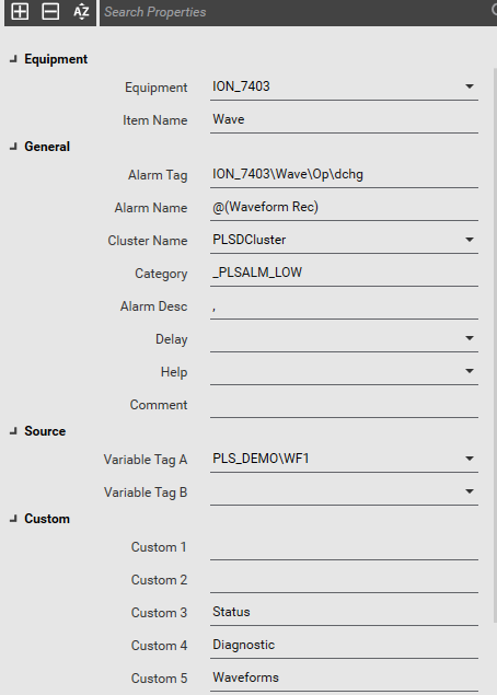 Software interface displaying configuration fields grouped under Equipment, General, Source, and Custom sections. The Equipment section includes fields labeled "Equipment" with value "ION_7403" and "Item Name" with value "Wave." The General section contains fields for Alarm Tag, Alarm Name, Cluster Name, Category, Alarm Description, Delay, Help, and Comment. The Source section includes Variable Tag A with value "PLS_DEMO\WF1" and an empty field for Variable Tag B. The Custom section lists five fields, with values for Custom 3 as "Status," Custom 4 as "Diagnostic," and Custom 5 as "Waveforms."