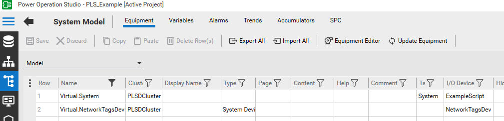 Screenshot of Power Operation Studio software with the PLS_Example project open. The interface is focused on the "Equipment" tab under "System Model." A toolbar at the top includes buttons for Save, Discard, Copy, Paste, Delete Row(s), Export All, Import All, Equipment Editor, and Update Equipment. Below the toolbar is a table with columns labeled Row, Name, Cluster, Display Name, Type, Page, Content, Help, Comment, and I/O Device. Two rows are visible: one for "Virtual.System" in "PLSDCCluster" with "ExampleScript" as I/O Device; another for "Virtual.NetworkTagsDev" in "PLSDCCluster" with "System Device" as Type and "NetworkTagsDev" as I/O Device.