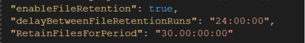 Snippet of code displaying three configuration settings related to file retention. The settings include "enableFileRetention" set to true, "delayBetweenFileRetentionRuns" set to "24:00:00", and "RetainFilesForPeriod" set to "30.00:00:00".