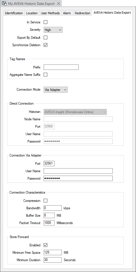 The properties on the AVEVA Historic Data Export tab of the AVEVA Historic Data Export form.