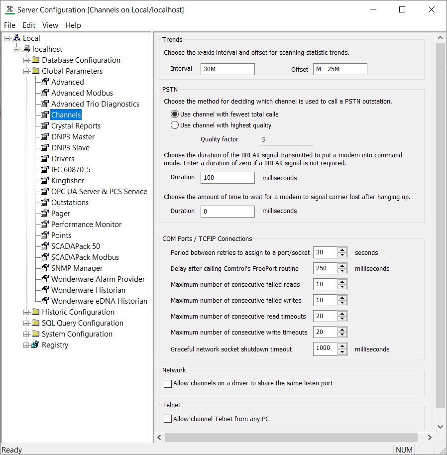 The Server Configuration tool showing the navigation pane on the left and the Channels section on the right.