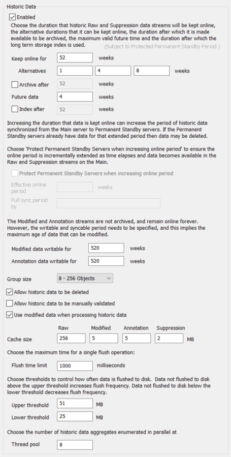 Historic Data Settings (Server Configuration Tool)