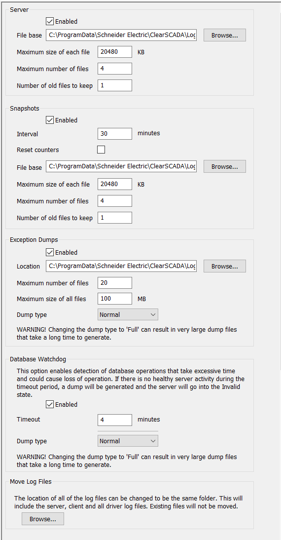 The Logging section of the Server Configuration tool.