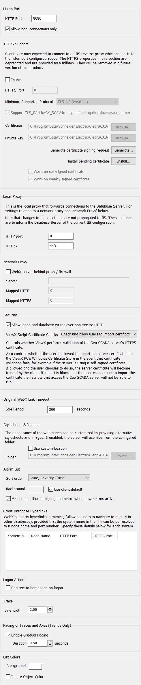 The WebX section of the Server Configuration tool.